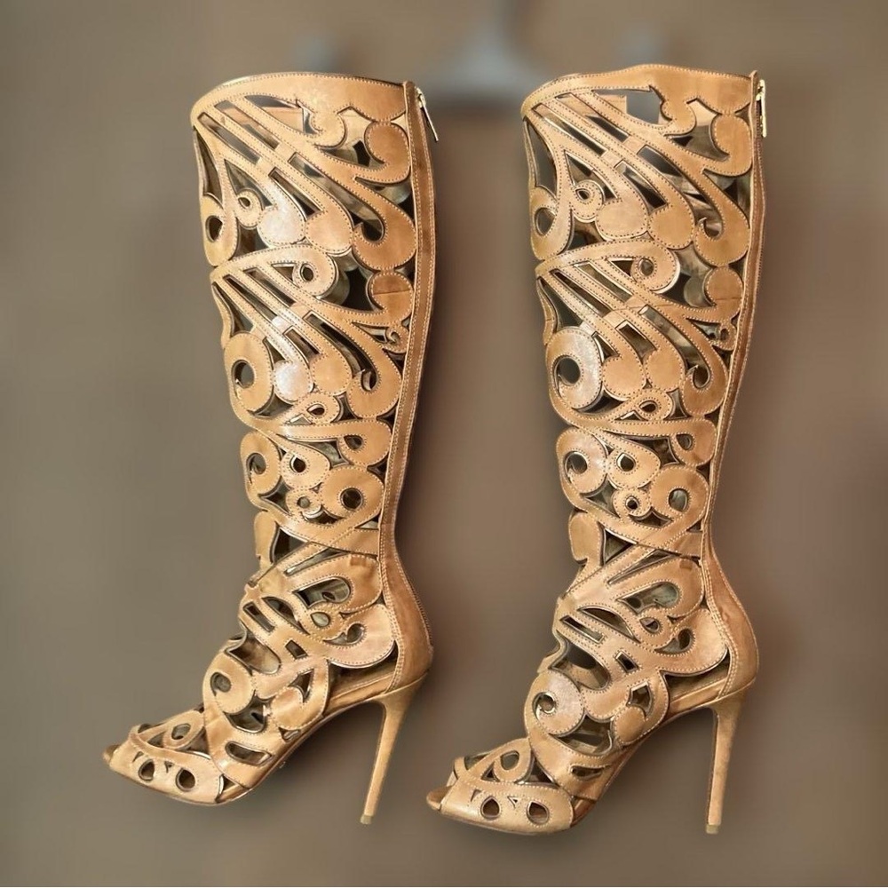 SCHUTZ Camel Brown Laser-Cut Knee-High Stiletto Boots